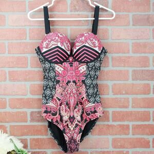 Swimsuits For All Black Pink Floral Paisley One Piece Swimsuit Underwire Sz 8